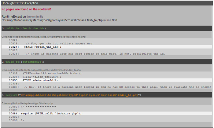 Fehlermeldung im Frontend Eine Fehlermeldung informiert uns darüber, das noch keine Seiten angelegt sind.