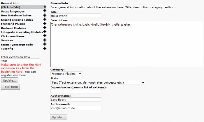 Informationen über die neue Extension Die eigene Typo3-Extension muss einige Informationen haben.