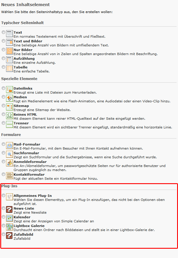 Inhaltselemente in Typo3 Fontend Plugins aus Extensions erscheinen unter Plug-Ins