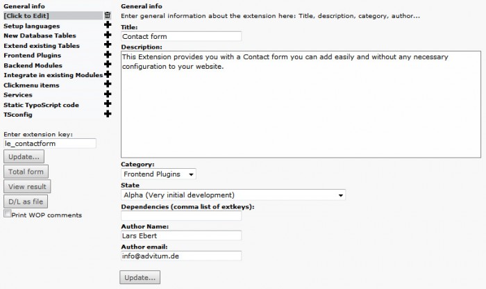 Grundinformationen über die Kontaktformular-Extension Ich habe unter »General info« ein paar Informationen über die Extension abgelegt.